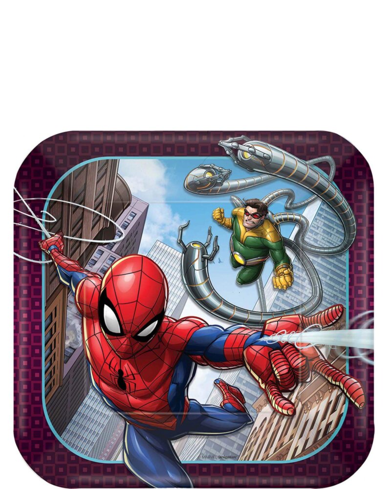SpiderMan Webbed Square Paper Plates, 7In, 8Pcs