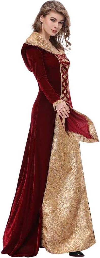 فستان ماكسي مخملي بغطاء رأس بطراز عصر النهضة للنساء – زي تنكري قوطي من العصور الوسطى (ميديڤال) برباط أمامي ودانتيل - Image 4