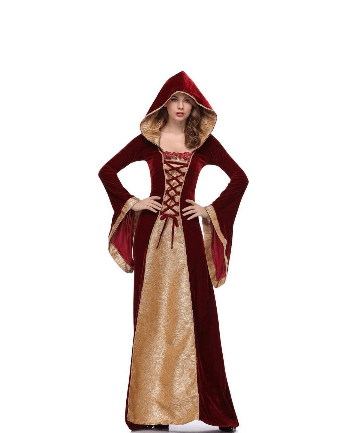 فستان ماكسي مخملي بغطاء رأس بطراز عصر النهضة للنساء – زي تنكري قوطي من العصور الوسطى (ميديڤال) برباط أمامي ودانتيل - Image 2