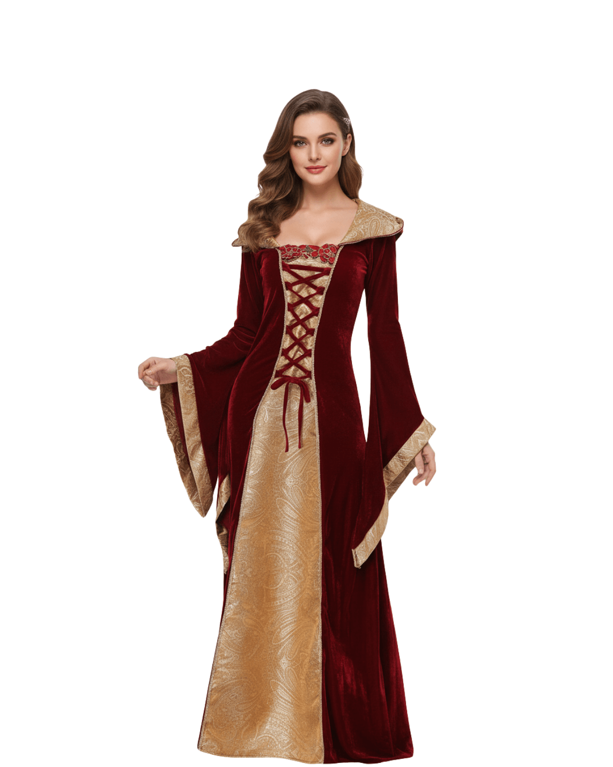 فستان ماكسي مخملي بغطاء رأس بطراز عصر النهضة للنساء – زي تنكري قوطي من العصور الوسطى (ميديڤال) برباط أمامي ودانتيل