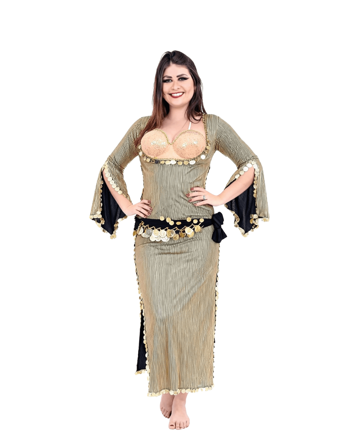 Women’s Gold Belly Dance Costume – Adult Oriental Dance Outfit with Coin Details - Image 5