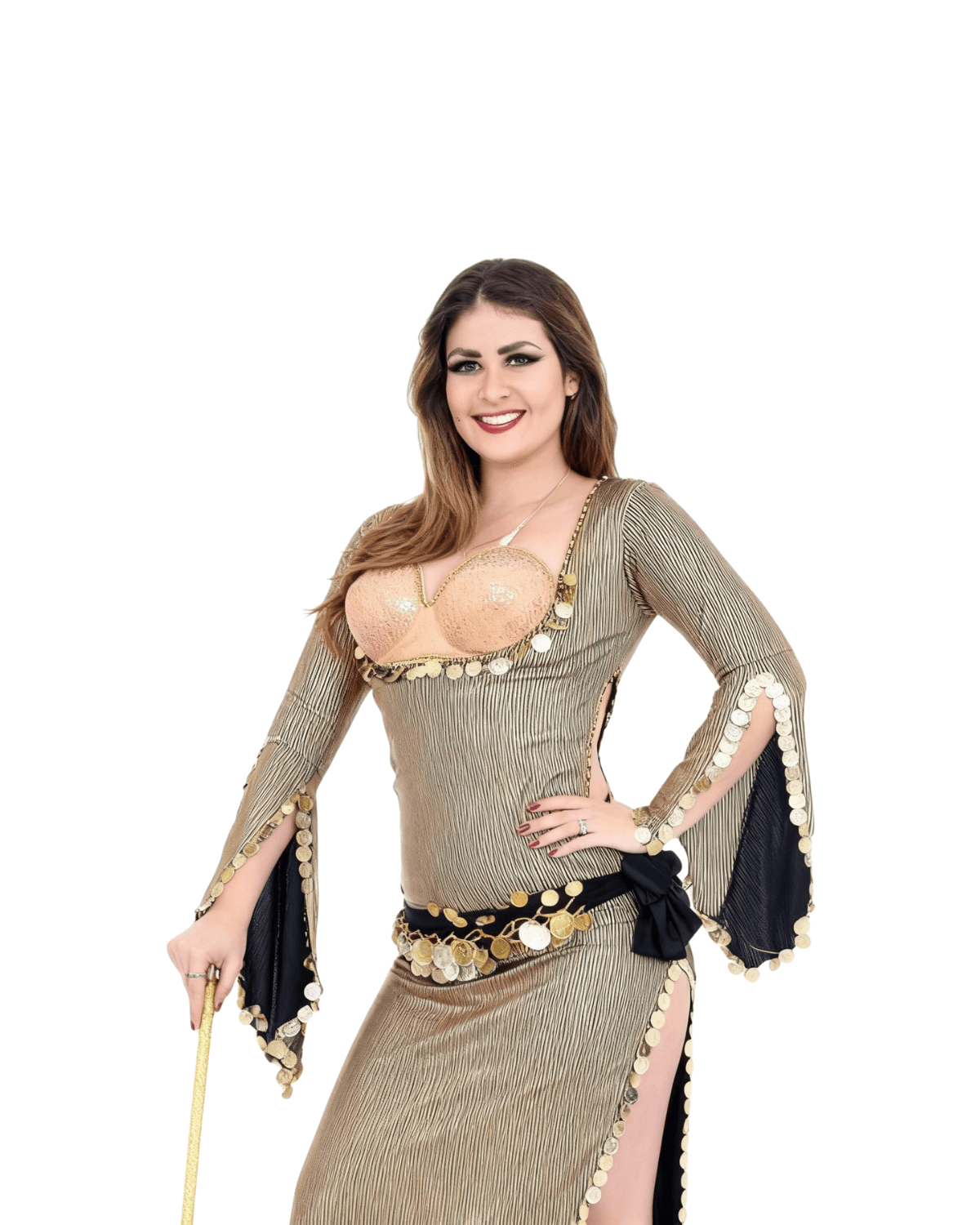Women’s Gold Belly Dance Costume – Adult Oriental Dance Outfit with Coin Details - Image 4