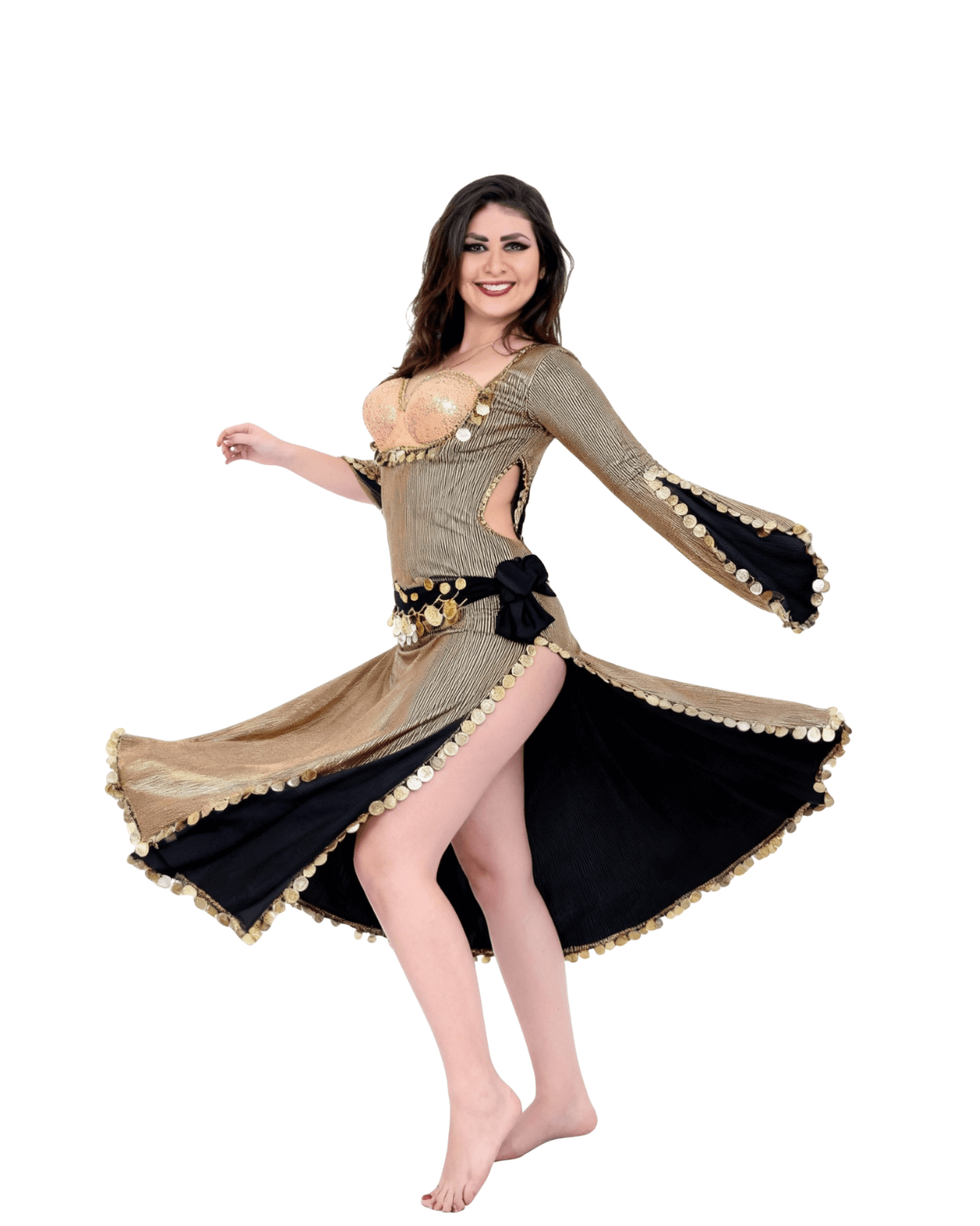 Women’s Gold Belly Dance Costume – Adult Oriental Dance Outfit with Coin Details - Image 3