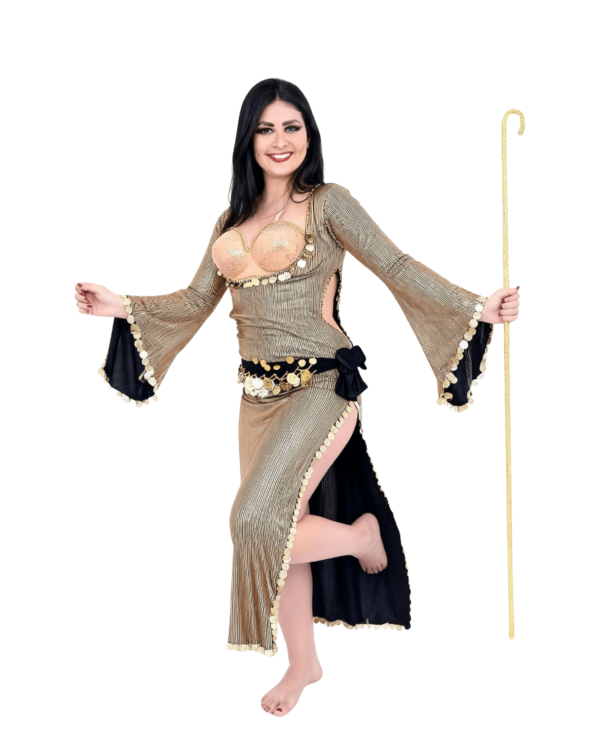 Women’s Gold Belly Dance Costume – Adult Oriental Dance Outfit with Coin Details - Image 2