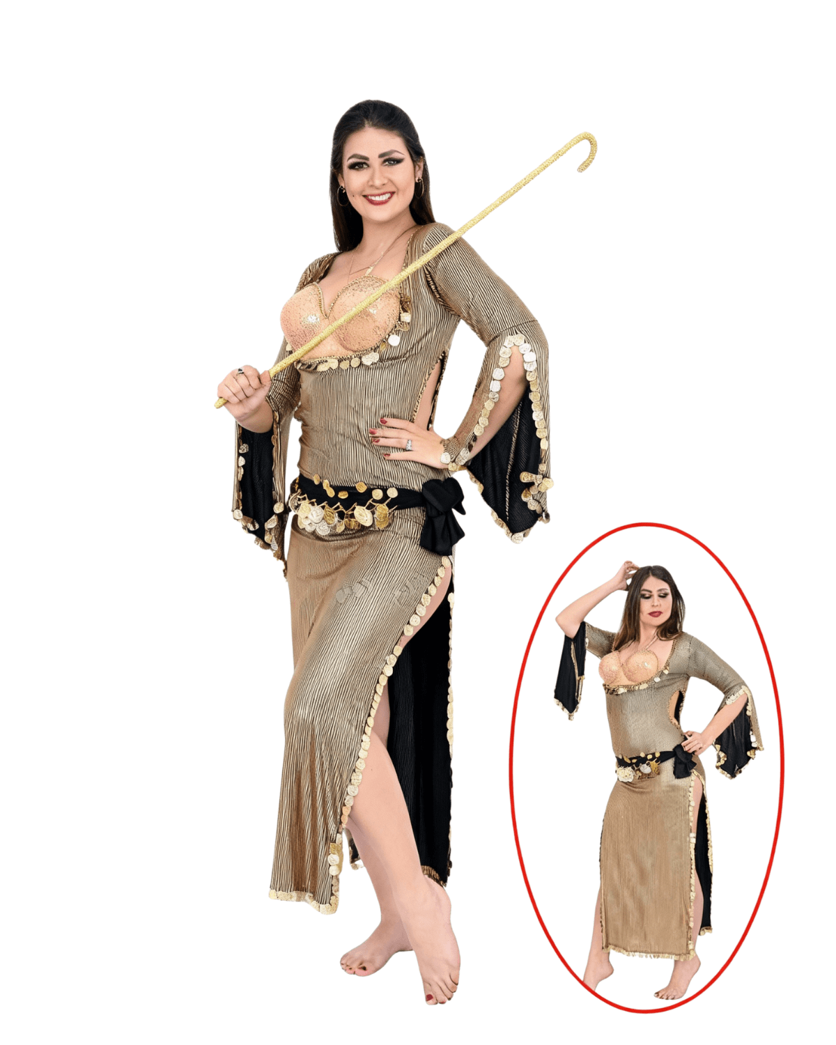 Women’s Gold Belly Dance Costume – Adult Oriental Dance Outfit with Coin Details