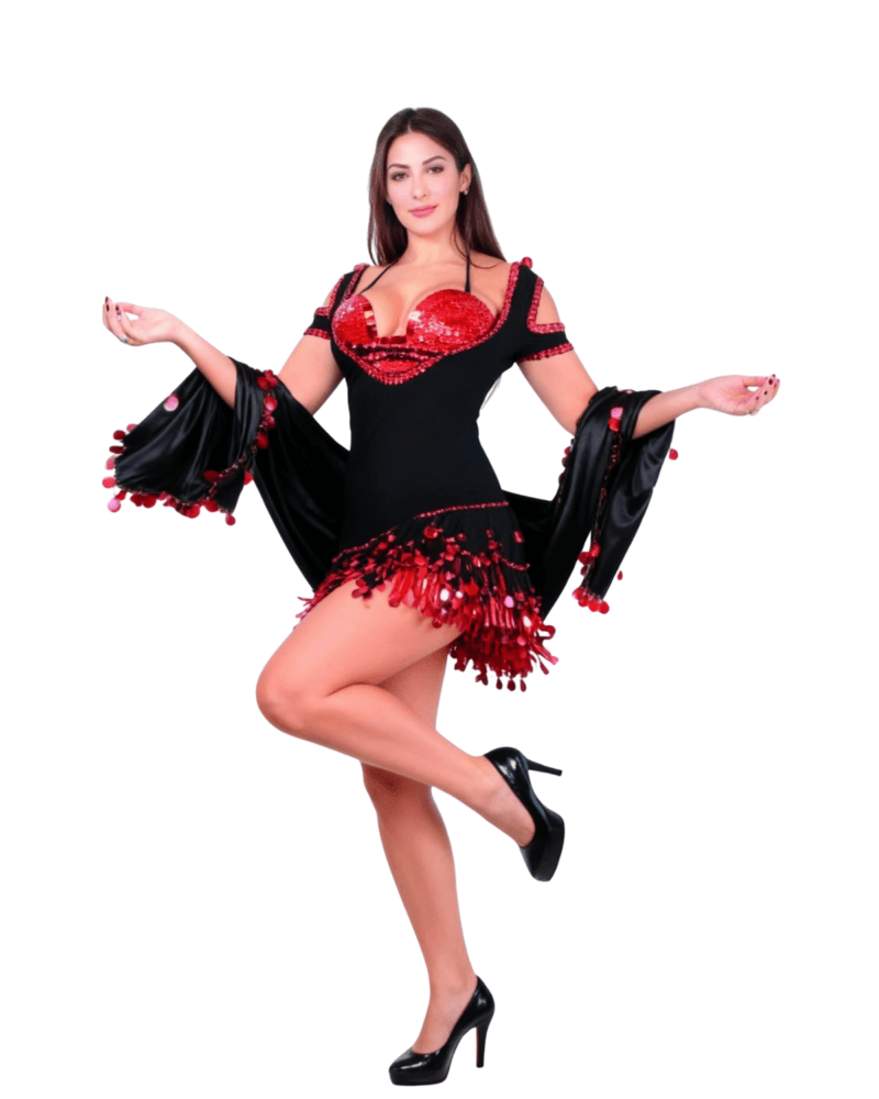 Women’s Black & Red Belly Dance Costume – Adult Sequin Oriental Performance Outfit