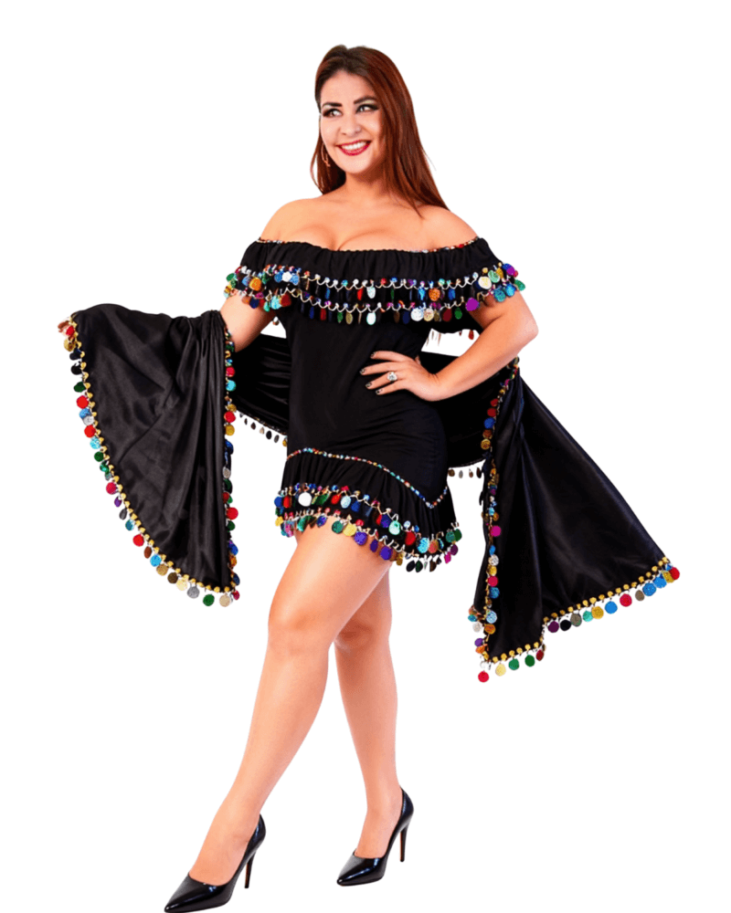 Women’s Black Belly Dance Costume with Multicolor Coin Details – Adult Oriental Alexandria         Outfit