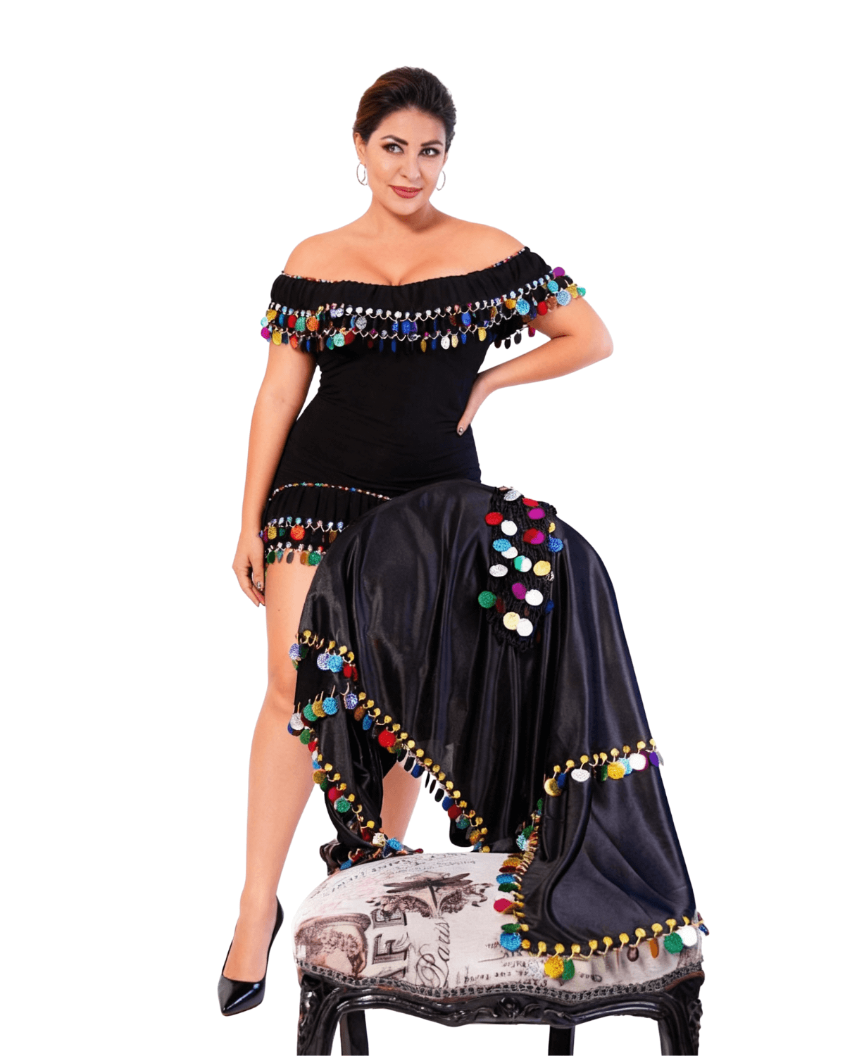 Women’s Black Belly Dance Costume with Multicolor Coin Details – Adult Oriental Alexandria Outfit - Image 4