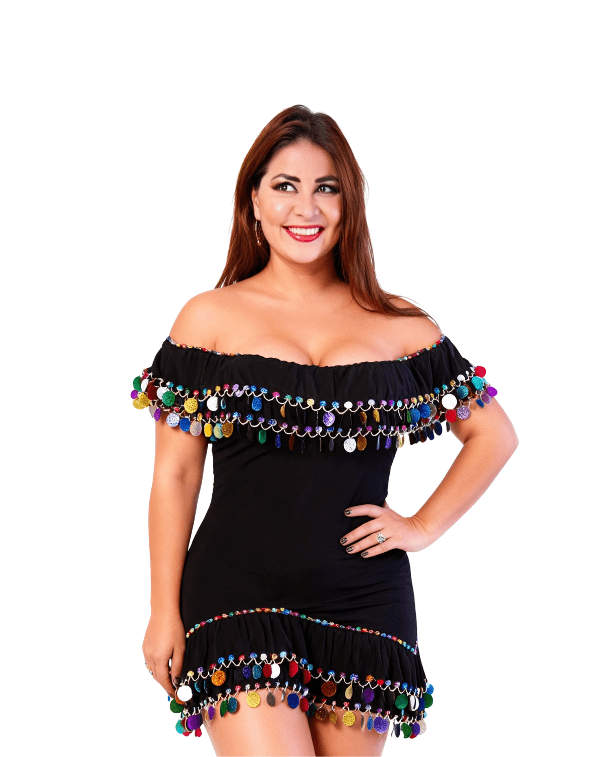 Women’s Black Belly Dance Costume with Multicolor Coin Details – Adult Oriental Alexandria Outfit - Image 5