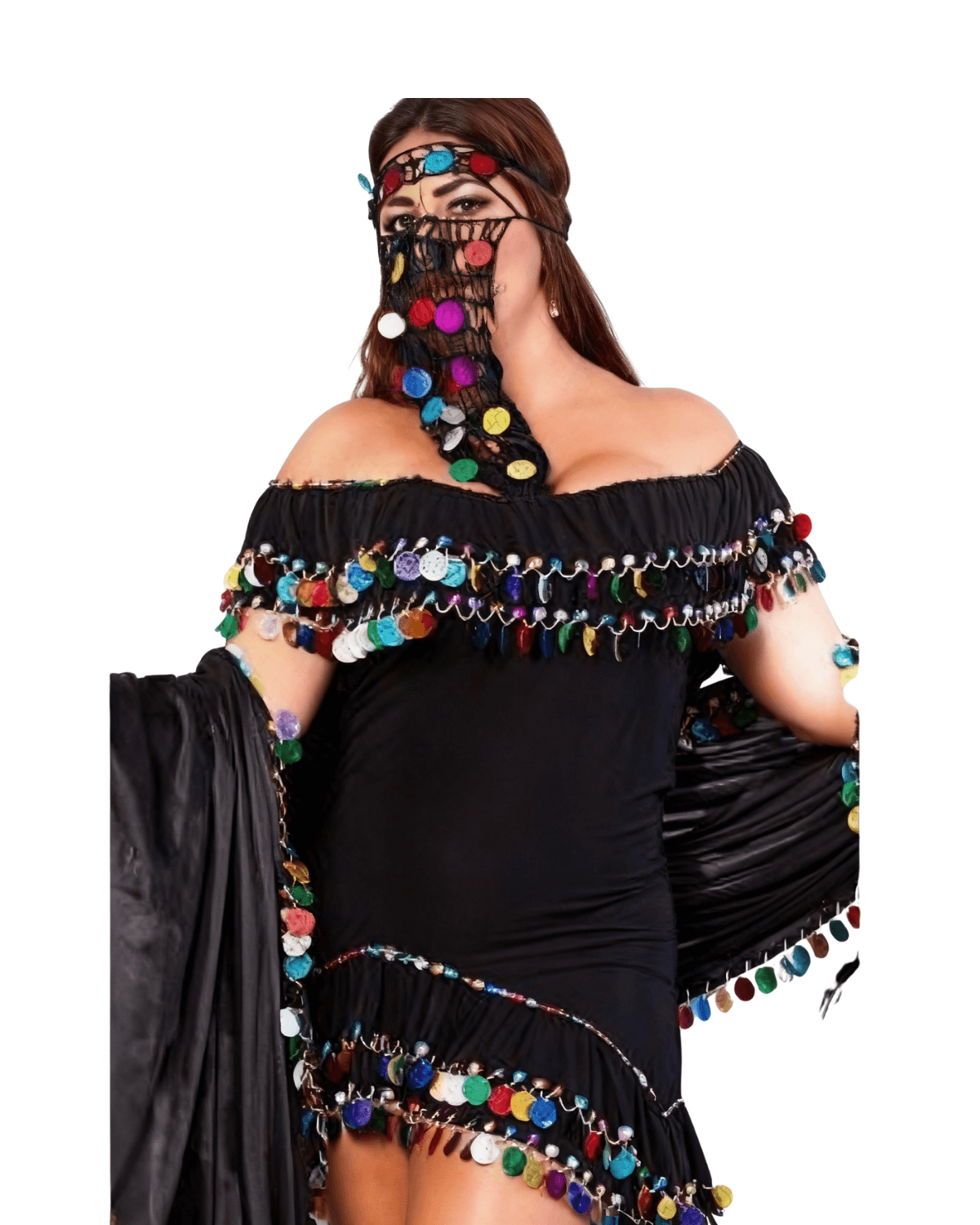 Women’s Black Belly Dance Costume with Multicolor Coin Details – Adult Oriental Alexandria Outfit - Image 3