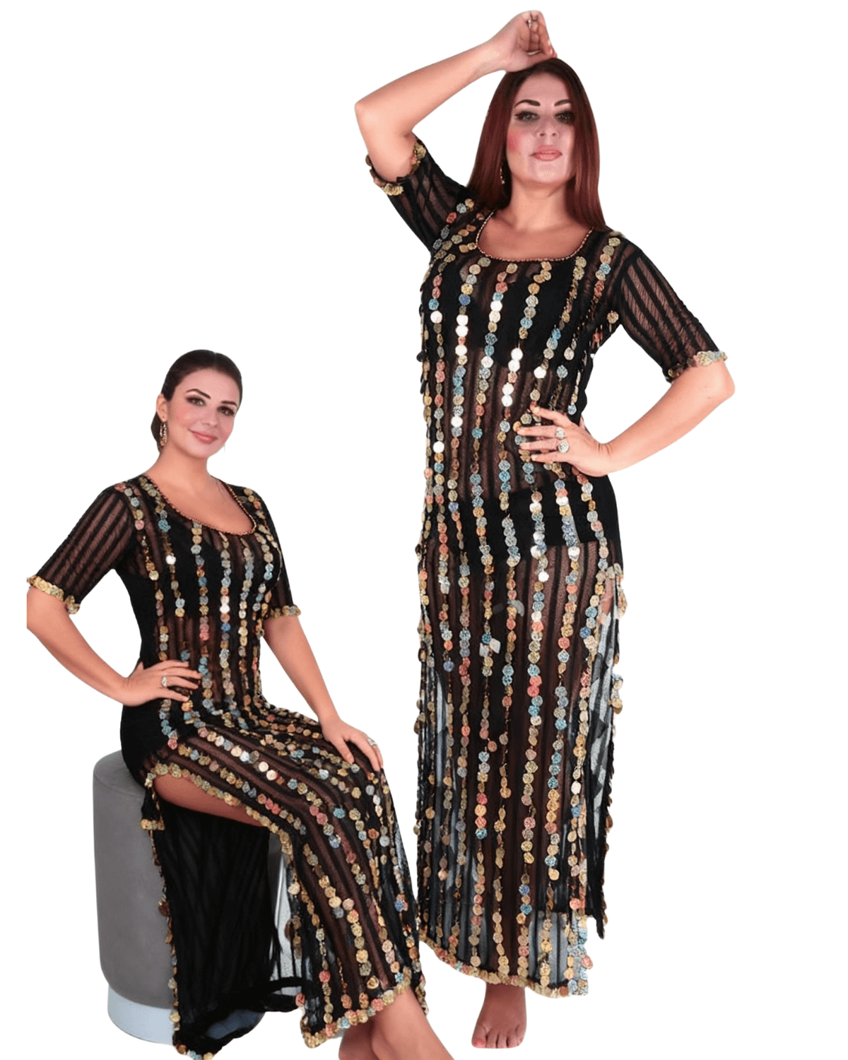 Women’s Belly Dance Costume – Black Coin Fringe Maxi Dress | Professional Oriental Dance Outfit for Parties & Performances