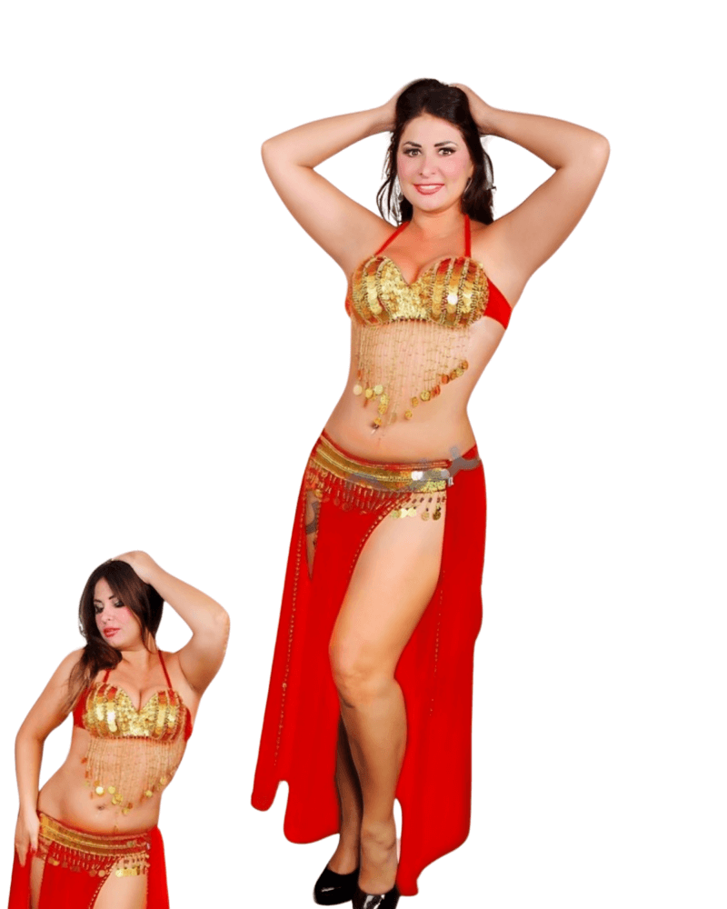 Belly Dance Costume Red and Gold – Professional Oriental Dance Outfit for Women