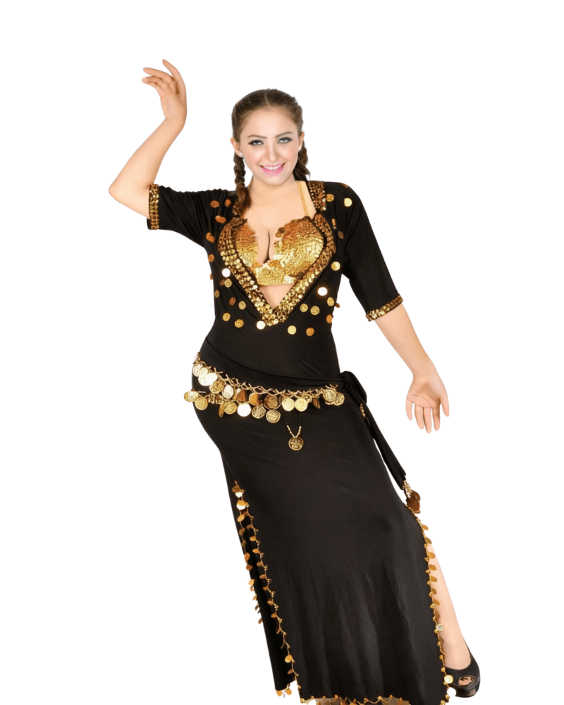 Belly Dance Costume for Women – Black & Gold Coin Trim Arabic Dance Dress | Adult Performance Outfit
