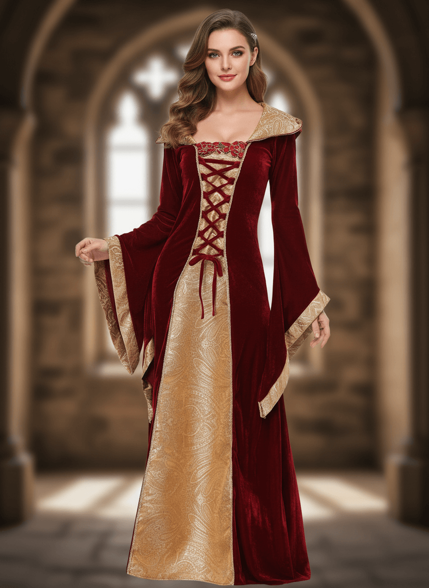 فستان ماكسي مخملي بغطاء رأس بطراز عصر النهضة للنساء – زي تنكري قوطي من العصور الوسطى (ميديڤال) برباط أمامي ودانتيل - Image 5