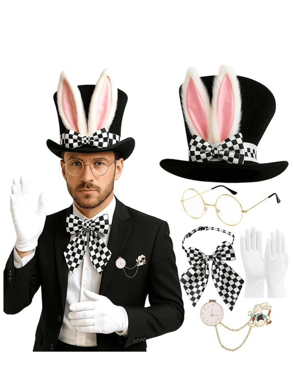 5 PCS Mad Hatter White Rabbit Costume Set, Top Hat, Bow Tie, Gloves, Glasses & Jewelry