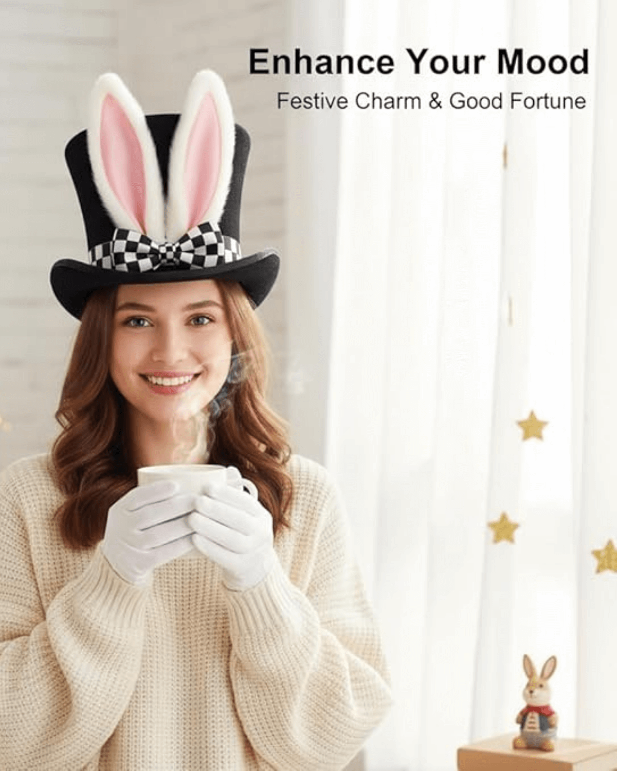 5 PCS Mad Hatter White Rabbit Costume Set, Top Hat, Bow Tie, Gloves, Glasses & Jewelry - Image 2